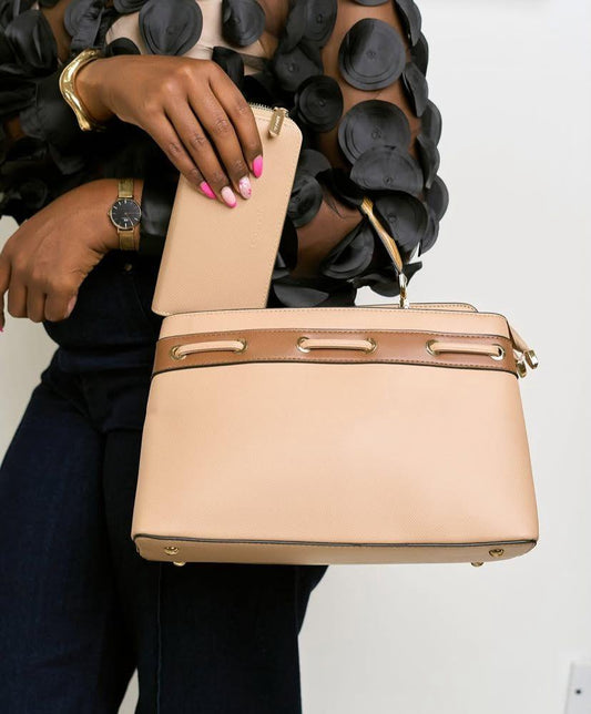 Sac à main nude &amp; camel avec trousse assortie – Élégance intemporelle